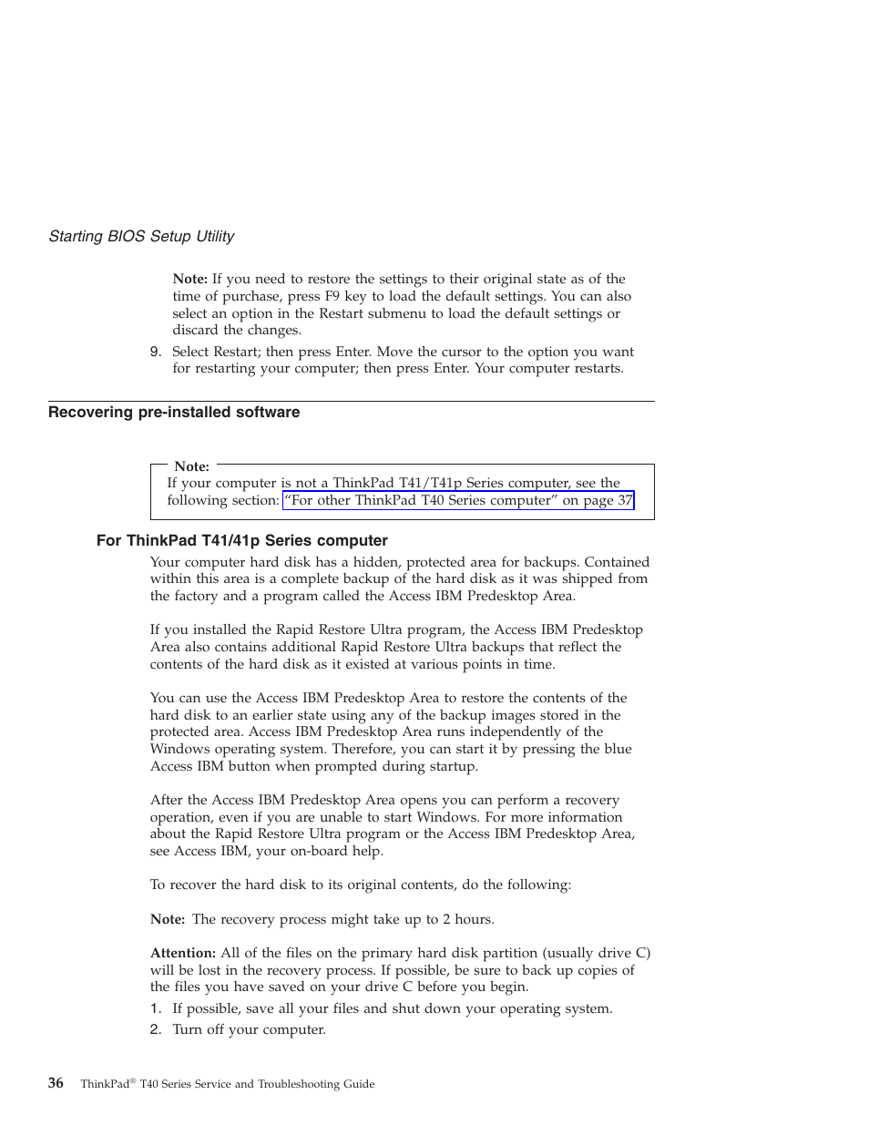 Recovering pre-installed software, For thinkpad t41/41p series computer, Recovering | Pre-installed, Software, Thinkpad, T41/41p, Series, Computer | Lenovo ThinkPad T43p User Manual | Page 58 / 112