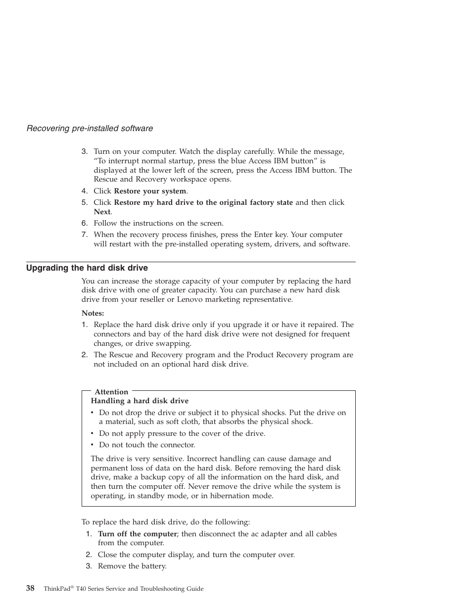 Upgrading the hard disk drive, Upgrading, Hard | Disk, Drive | Lenovo ThinkPad T43p User Manual | Page 60 / 112