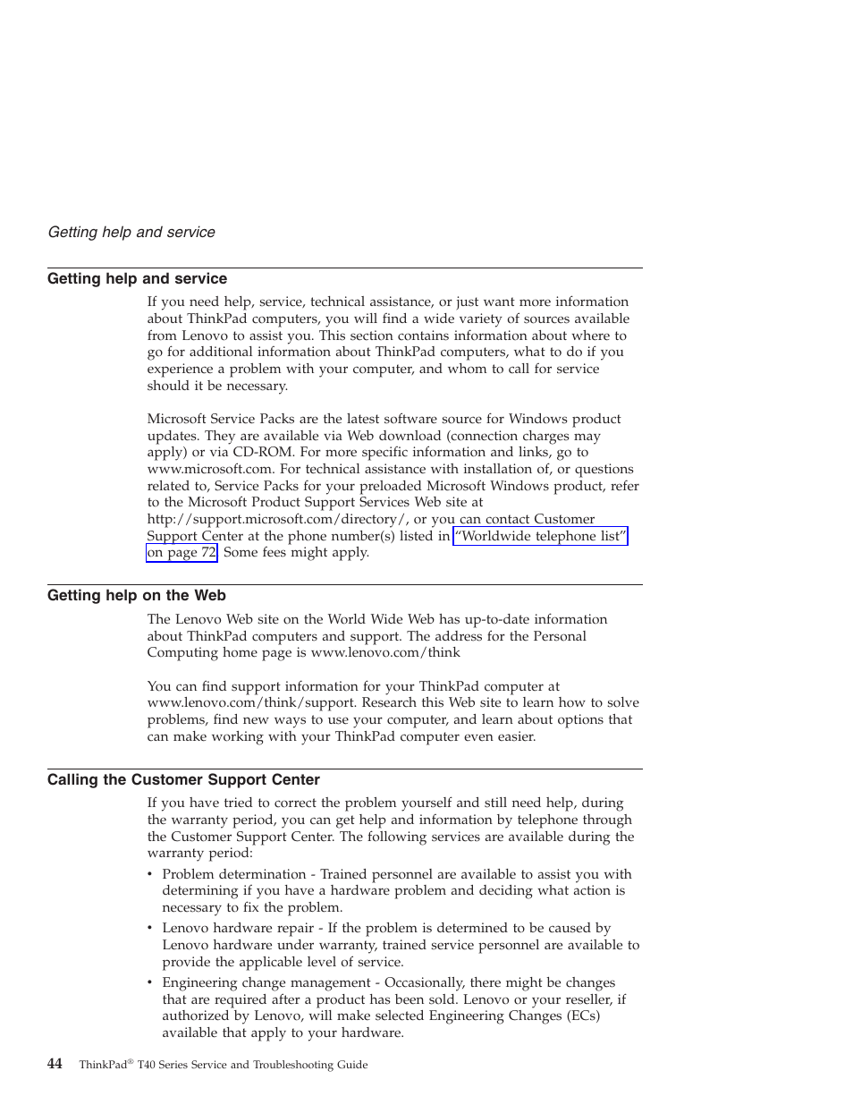 Getting help and service, Getting help on the web, Calling the customer support center | Getting, Help, Service, Calling, Customer, Support, Center | Lenovo ThinkPad T43p User Manual | Page 66 / 112