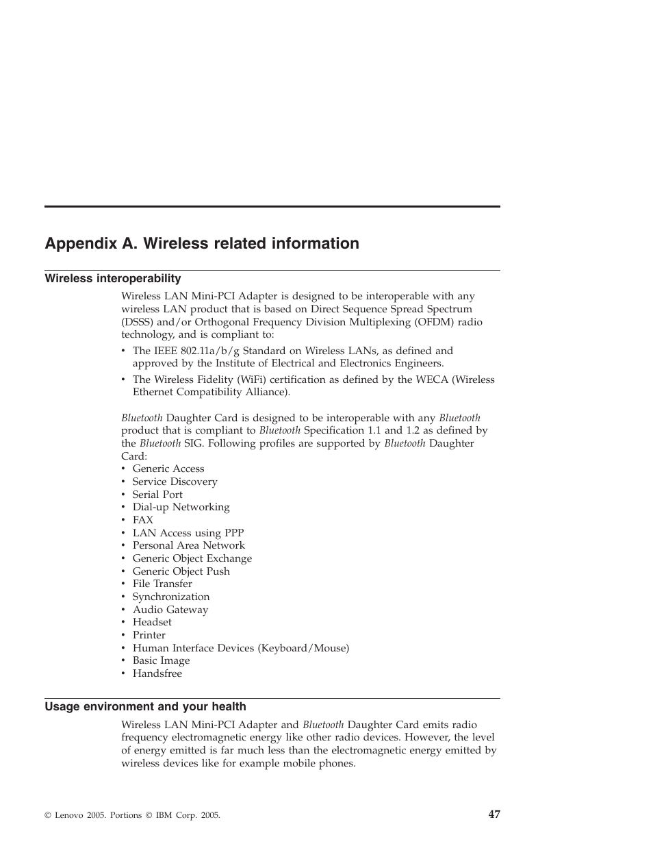 Appendix a. wireless related information, Wireless interoperability, Usage environment and your health | Appendix, Wireless, Related, Information, Interoperability, Usage, Environment | Lenovo ThinkPad T43p User Manual | Page 69 / 112