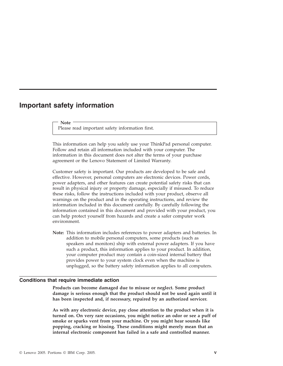 Important safety information, Conditions that require immediate action, Important | Safety, Information, Conditions, That, Require, Immediate, Action | Lenovo ThinkPad T43p User Manual | Page 7 / 112