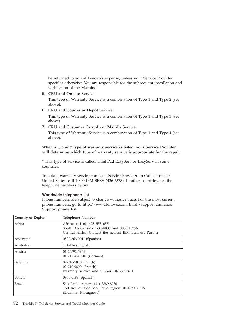 Worldwide telephone list, Worldwide, Telephone | List | Lenovo ThinkPad T43p User Manual | Page 94 / 112