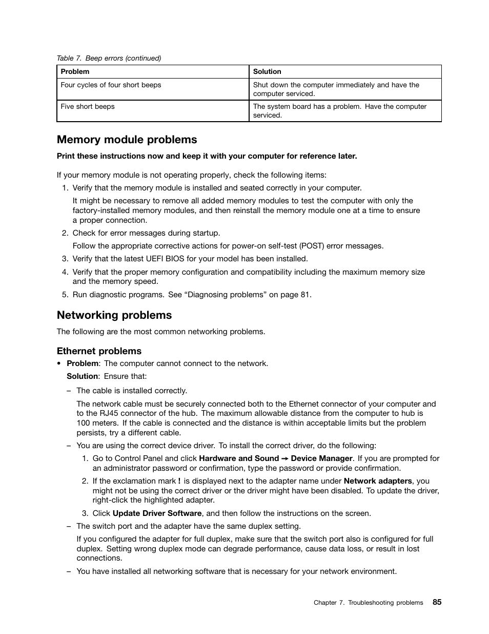 Memory module problems, Networking problems | Lenovo ThinkPad 11e User Manual | Page 101 / 160