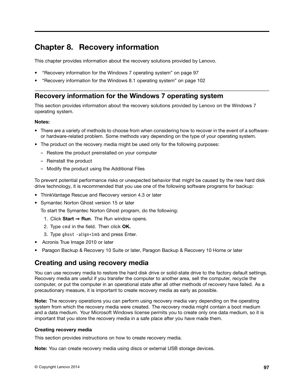 Chapter 8. recovery information, Creating and using recovery media | Lenovo ThinkPad 11e User Manual | Page 113 / 160