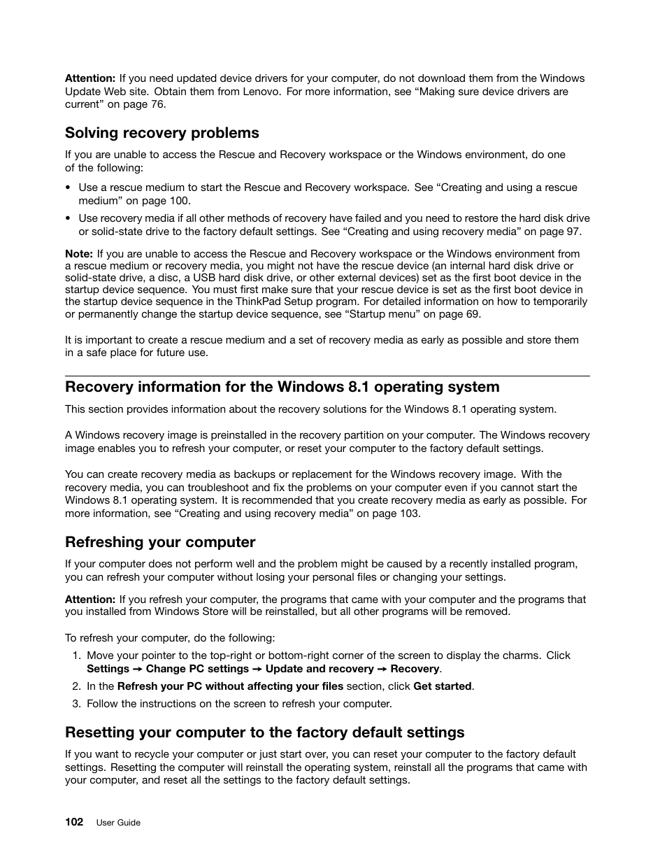 Solving recovery problems, Refreshing your computer | Lenovo ThinkPad 11e User Manual | Page 118 / 160