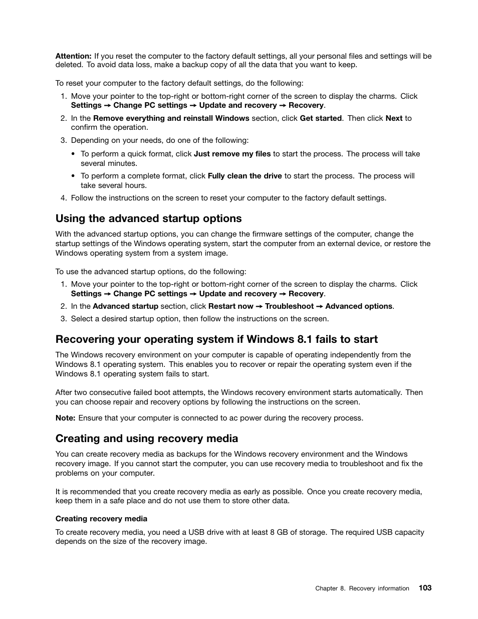 Using the advanced startup options, Creating and using recovery media | Lenovo ThinkPad 11e User Manual | Page 119 / 160