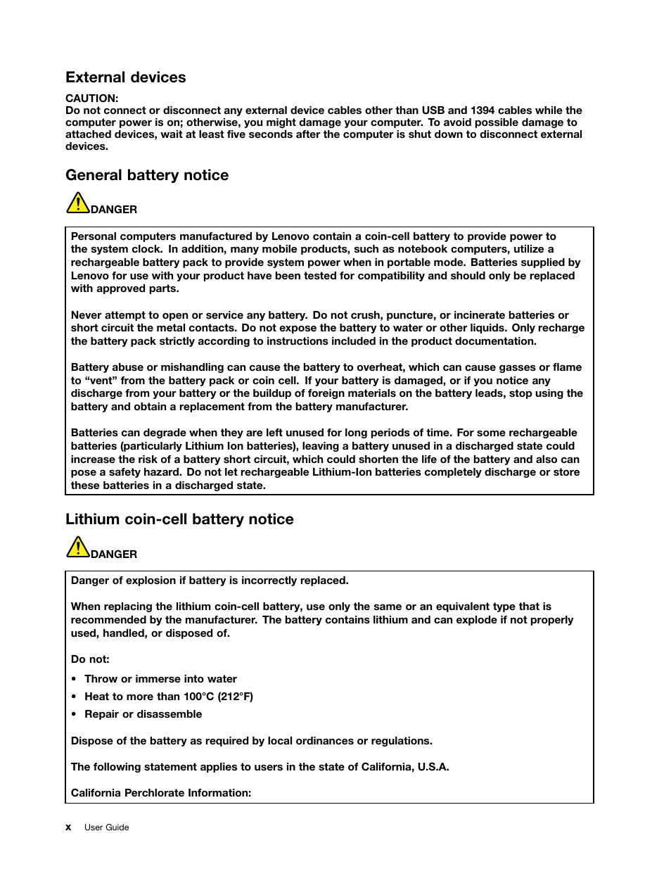 External devices, General battery notice, Lithium coin-cell battery notice | Lenovo ThinkPad 11e User Manual | Page 12 / 160