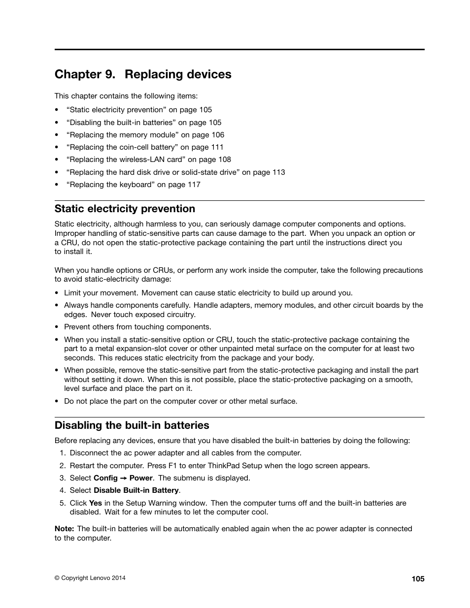 Chapter 9. replacing devices, Static electricity prevention, Disabling the built-in batteries | Lenovo ThinkPad 11e User Manual | Page 121 / 160