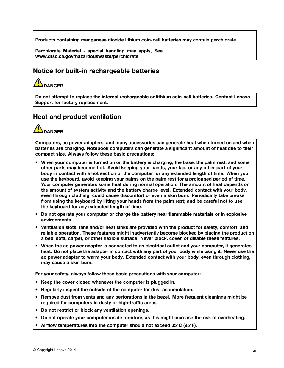 Notice for built-in rechargeable batteries, Heat and product ventilation | Lenovo ThinkPad 11e User Manual | Page 13 / 160