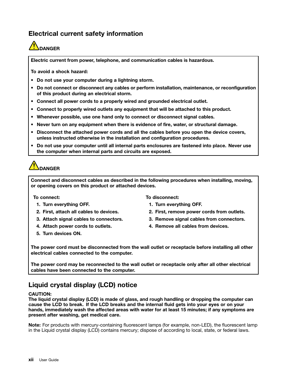 Electrical current safety information, Liquid crystal display (lcd) notice | Lenovo ThinkPad 11e User Manual | Page 14 / 160