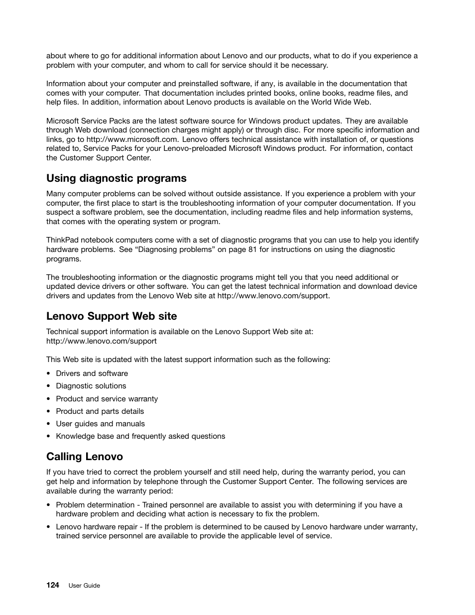 Using diagnostic programs, Lenovo support web site, Calling lenovo | Lenovo ThinkPad 11e User Manual | Page 140 / 160