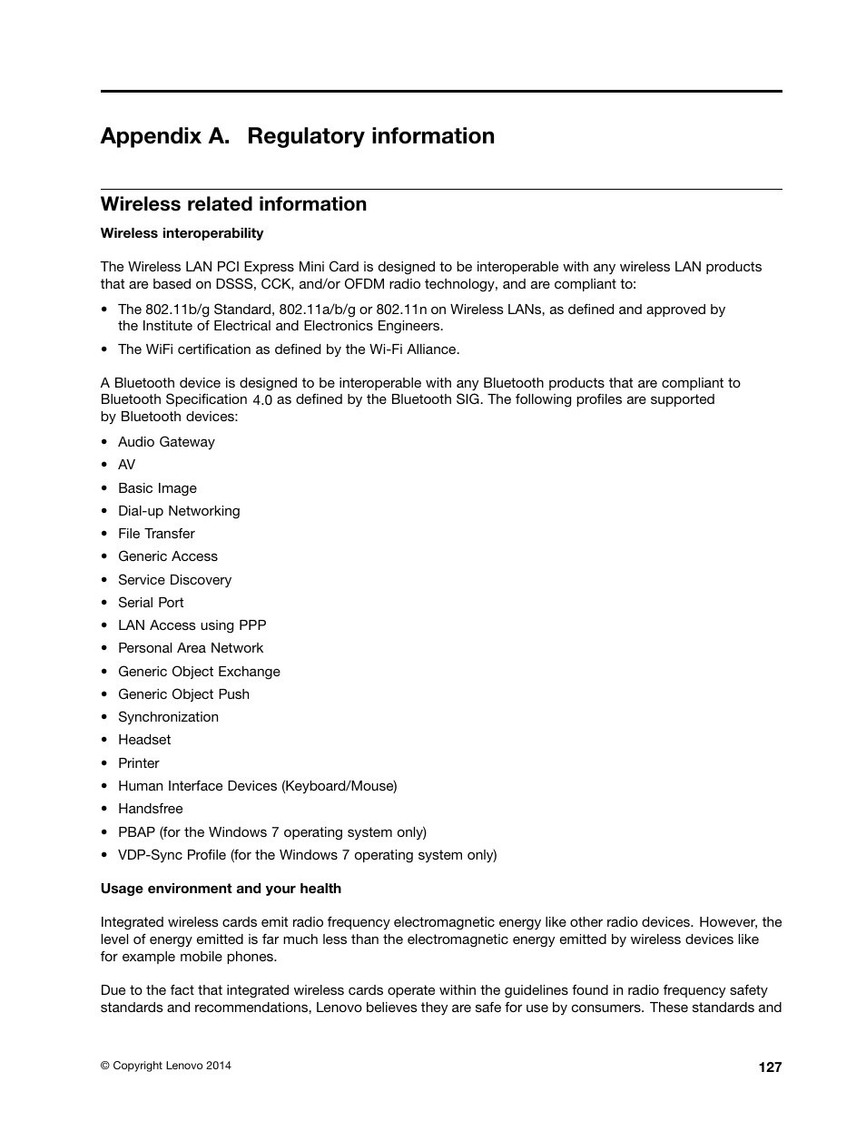 Appendix a. regulatory information, Wireless related information | Lenovo ThinkPad 11e User Manual | Page 143 / 160