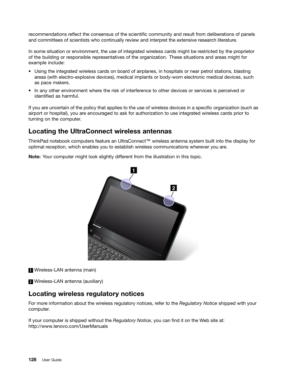 Locating the ultraconnect wireless antennas, Locating wireless regulatory notices | Lenovo ThinkPad 11e User Manual | Page 144 / 160