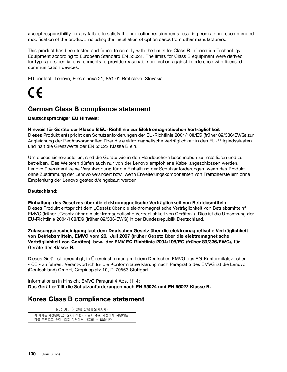 German class b compliance statement, Korea class b compliance statement | Lenovo ThinkPad 11e User Manual | Page 146 / 160