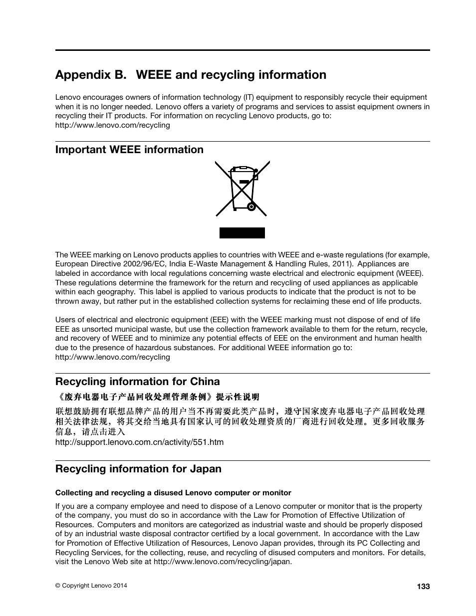 Appendix b. weee and recycling information, Important weee information, Recycling information for china | Recycling information for japan | Lenovo ThinkPad 11e User Manual | Page 149 / 160