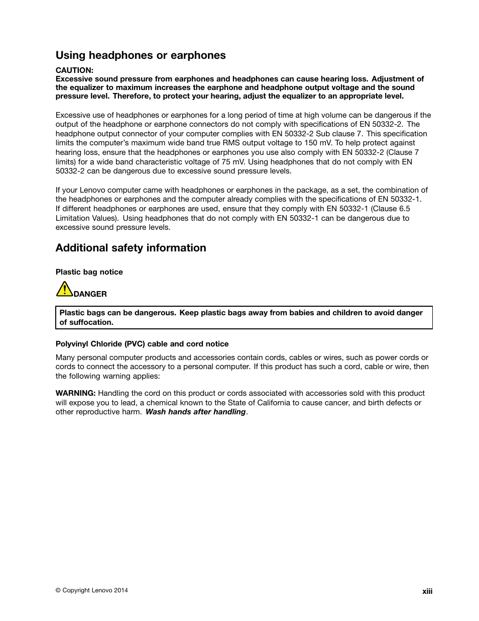 Using headphones or earphones, Additional safety information, Xiii | Lenovo ThinkPad 11e User Manual | Page 15 / 160