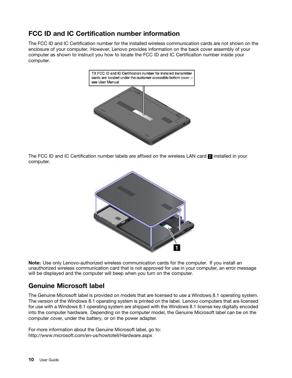 Fcc id and ic certification number information, Genuine microsoft label | Lenovo ThinkPad 11e User Manual | Page 26 / 160