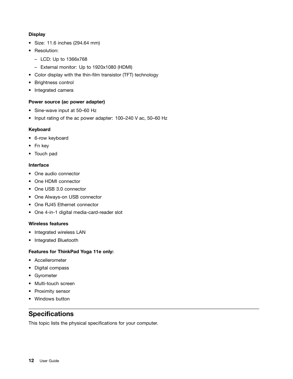 Specifications | Lenovo ThinkPad 11e User Manual | Page 28 / 160