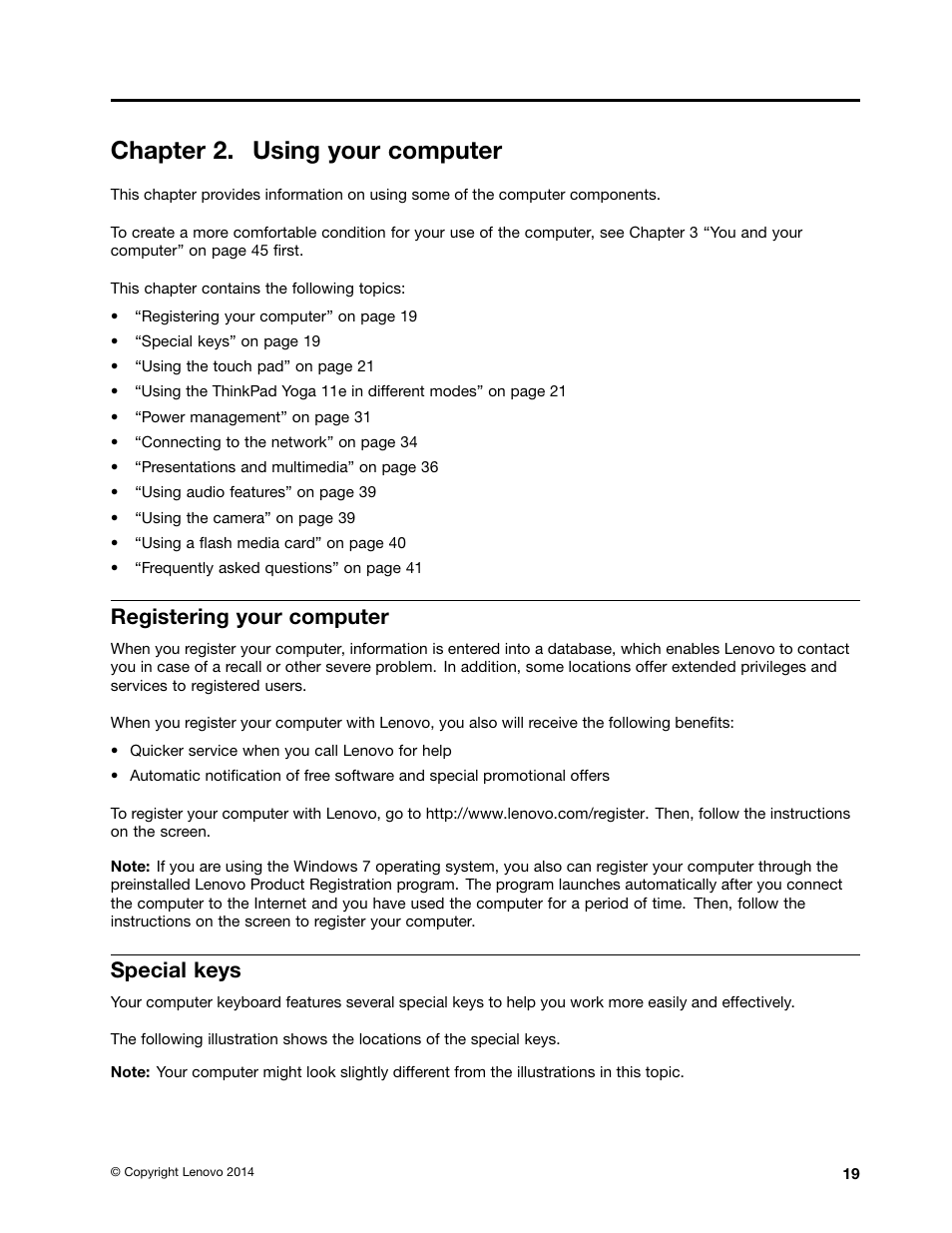 Chapter 2. using your computer, Registering your computer, Special keys | Lenovo ThinkPad 11e User Manual | Page 35 / 160