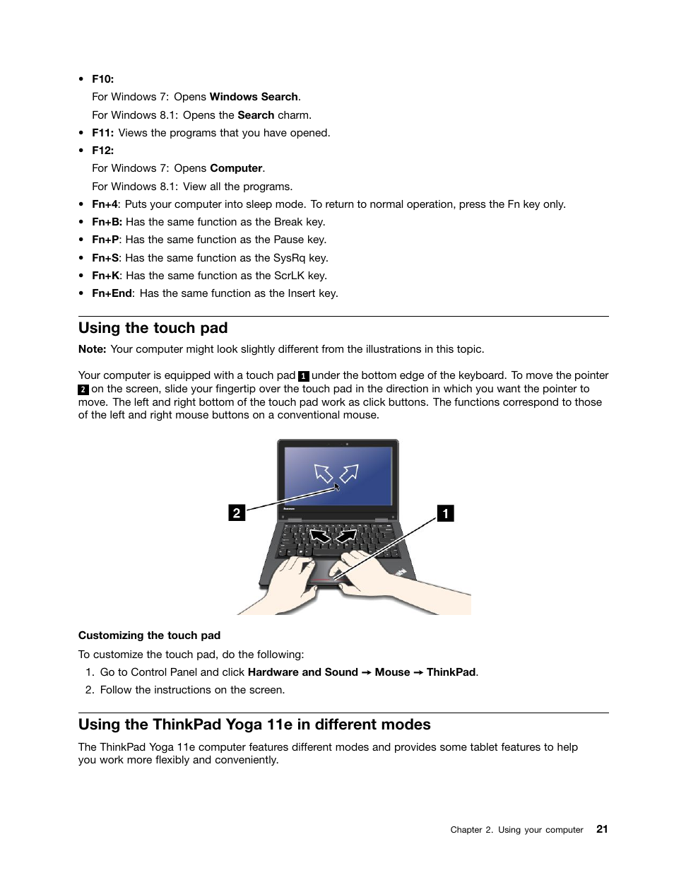Using the touch pad, Using the thinkpad yoga 11e in different modes | Lenovo ThinkPad 11e User Manual | Page 37 / 160