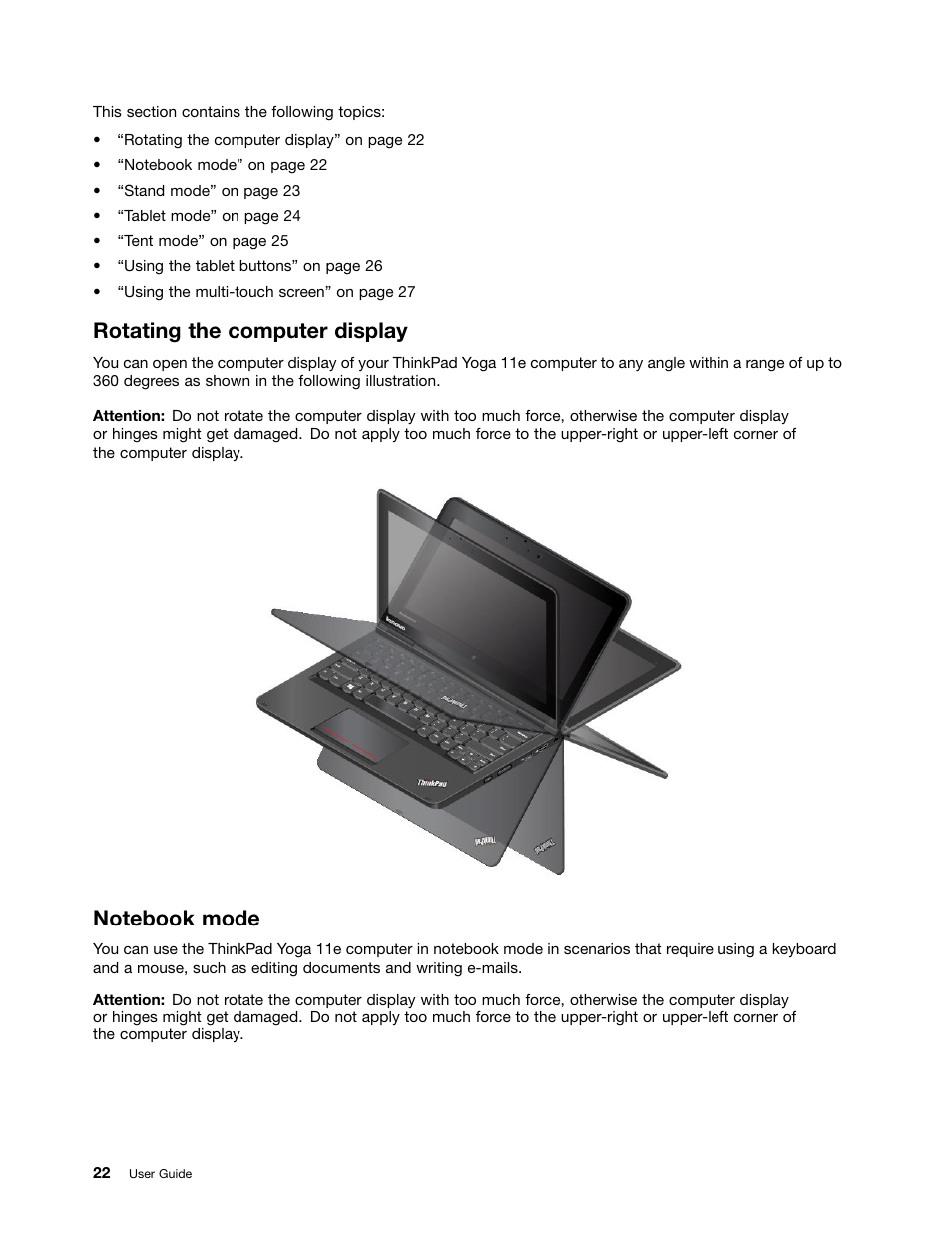Rotating the computer display, Notebook mode | Lenovo ThinkPad 11e User Manual | Page 38 / 160