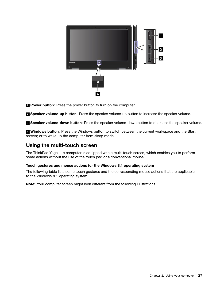 Using the multi-touch screen | Lenovo ThinkPad 11e User Manual | Page 43 / 160