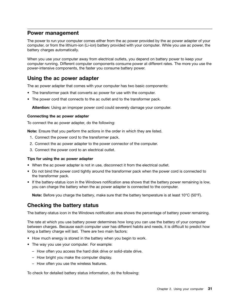 Power management, Using the ac power adapter, Checking the battery status | Lenovo ThinkPad 11e User Manual | Page 47 / 160