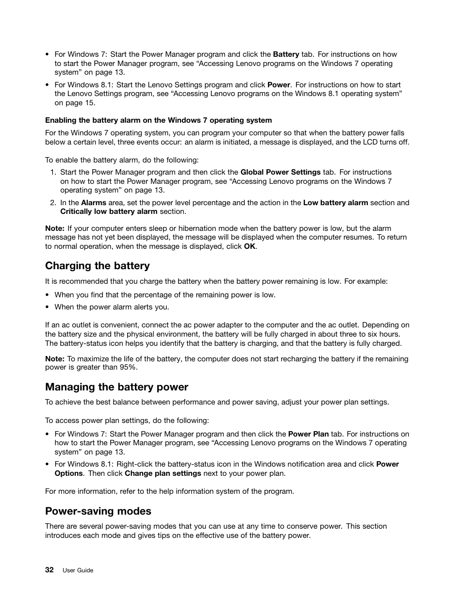 Charging the battery, Managing the battery power, Power-saving modes | Lenovo ThinkPad 11e User Manual | Page 48 / 160
