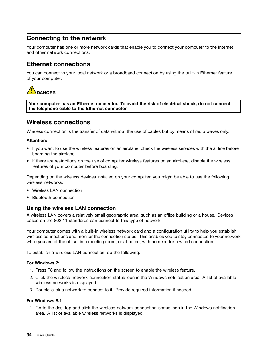 Connecting to the network, Ethernet connections, Wireless connections | Lenovo ThinkPad 11e User Manual | Page 50 / 160