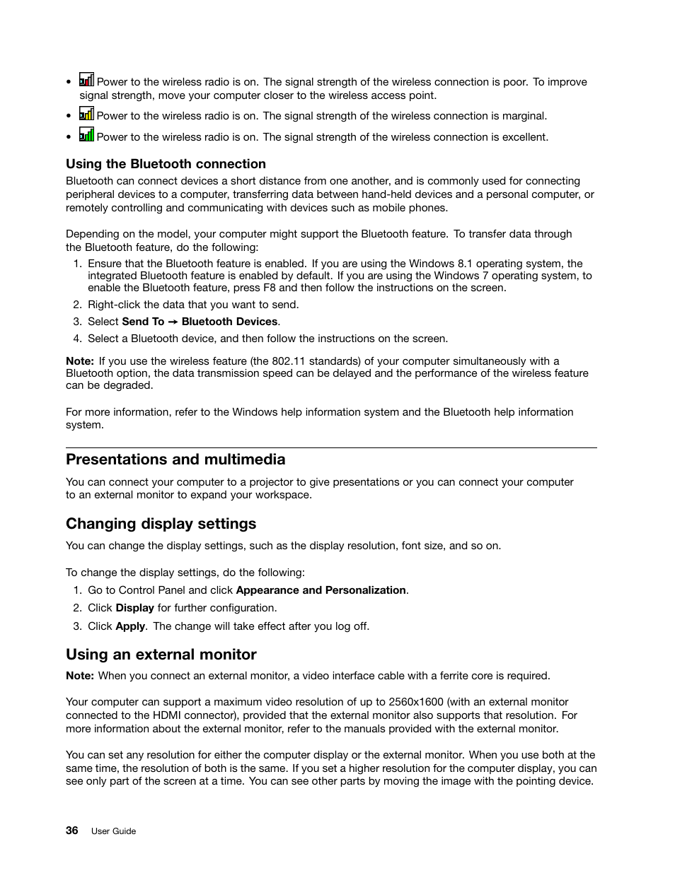 Presentations and multimedia, Changing display settings, Using an external monitor | Lenovo ThinkPad 11e User Manual | Page 52 / 160