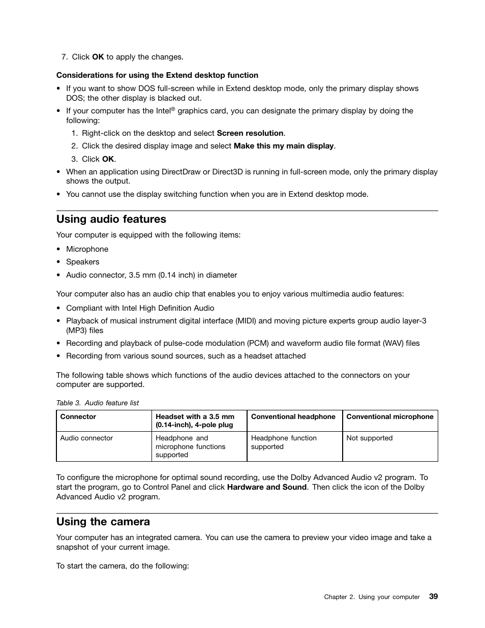 Using audio features, Using the camera | Lenovo ThinkPad 11e User Manual | Page 55 / 160