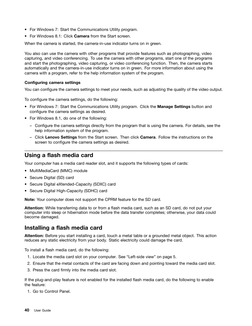 Using a flash media card, Installing a flash media card | Lenovo ThinkPad 11e User Manual | Page 56 / 160