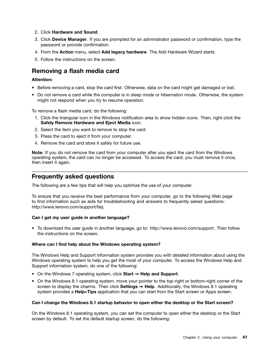 Removing a flash media card, Frequently asked questions | Lenovo ThinkPad 11e User Manual | Page 57 / 160