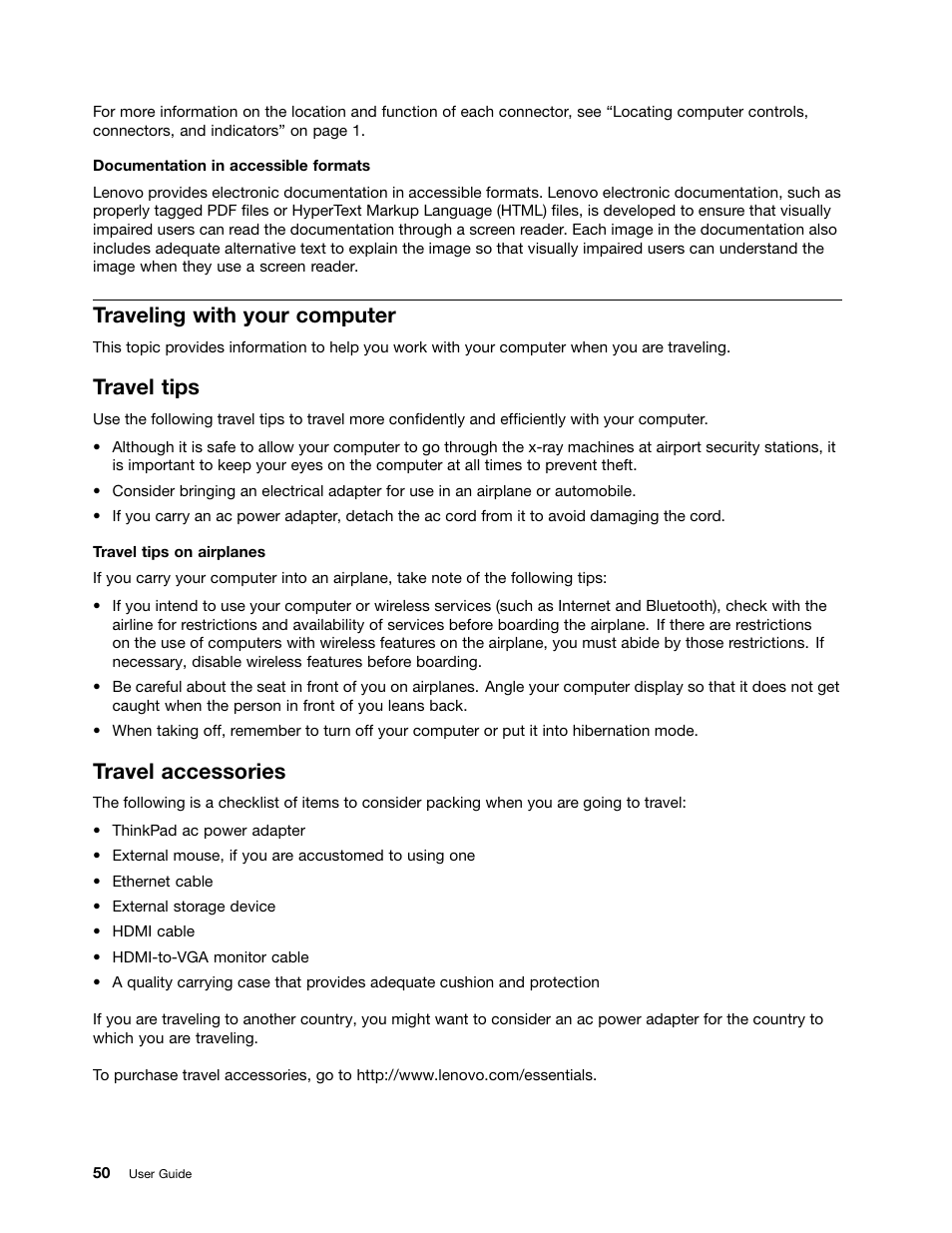 Traveling with your computer, Travel tips, Travel accessories | Lenovo ThinkPad 11e User Manual | Page 66 / 160
