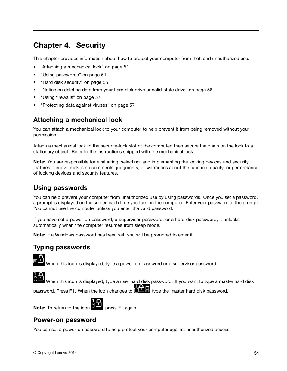 Chapter 4. security, Attaching a mechanical lock, Using passwords | Typing passwords, Power-on password | Lenovo ThinkPad 11e User Manual | Page 67 / 160