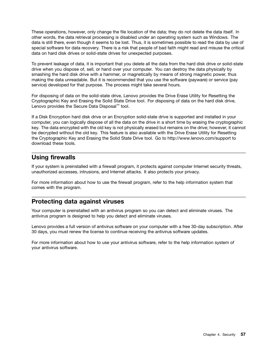 Using firewalls, Protecting data against viruses | Lenovo ThinkPad 11e User Manual | Page 73 / 160