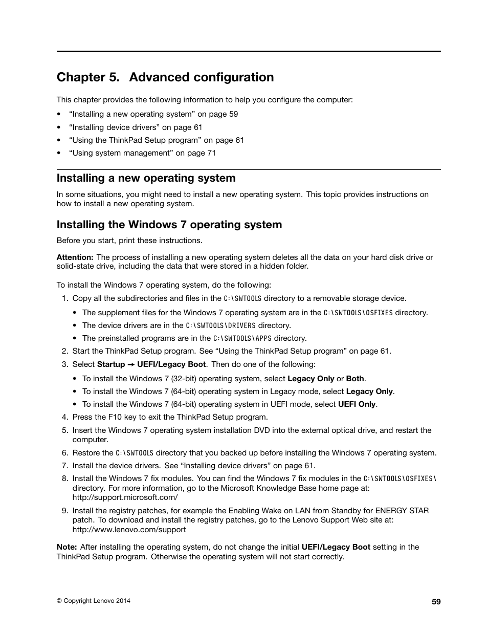 Chapter 5. advanced configuration, Installing a new operating system, Installing the windows 7 operating system | Lenovo ThinkPad 11e User Manual | Page 75 / 160