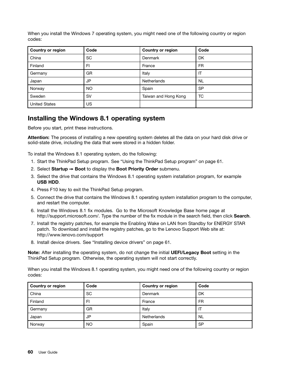 Installing the windows 8.1 operating system | Lenovo ThinkPad 11e User Manual | Page 76 / 160
