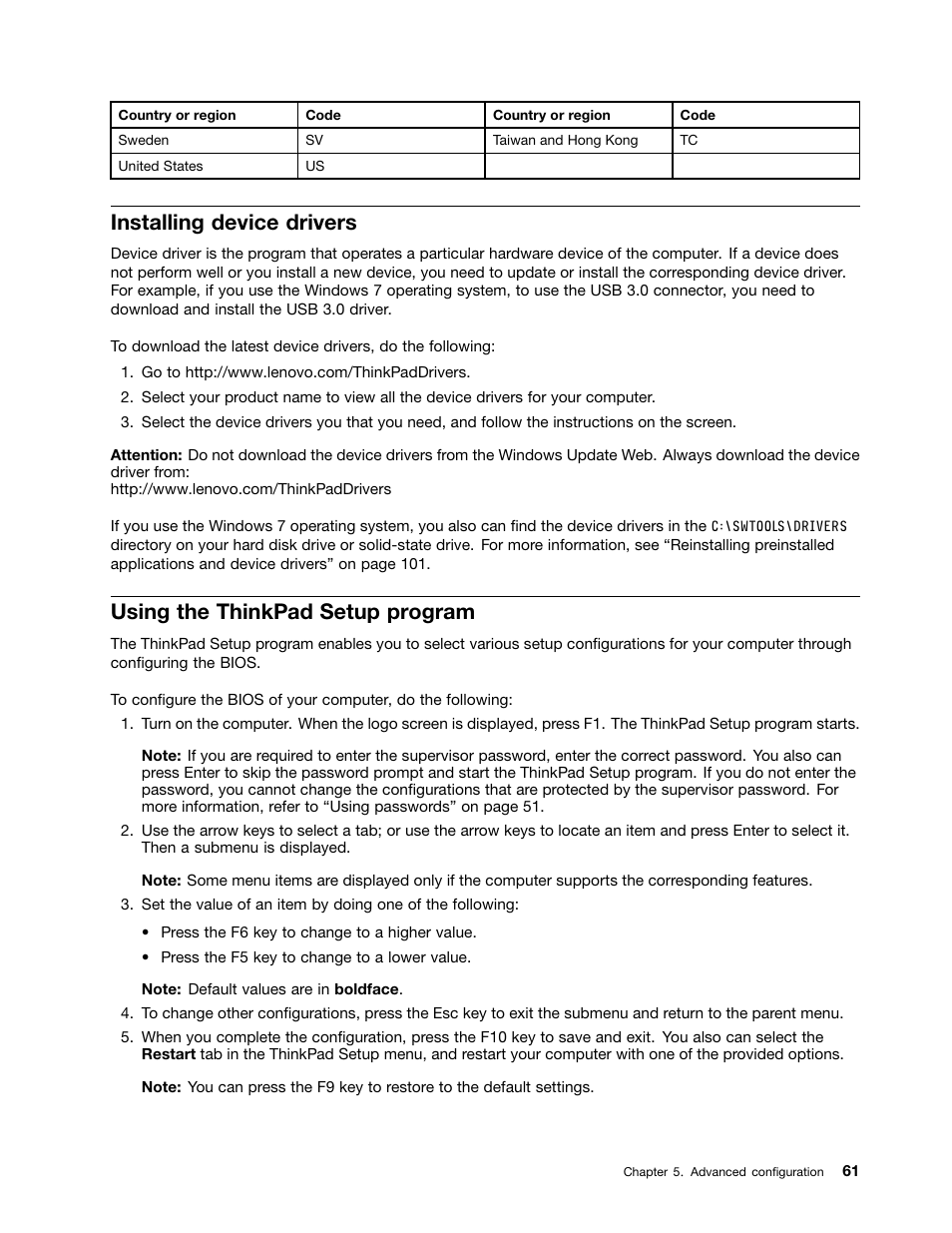 Installing device drivers, Using the thinkpad setup program | Lenovo ThinkPad 11e User Manual | Page 77 / 160