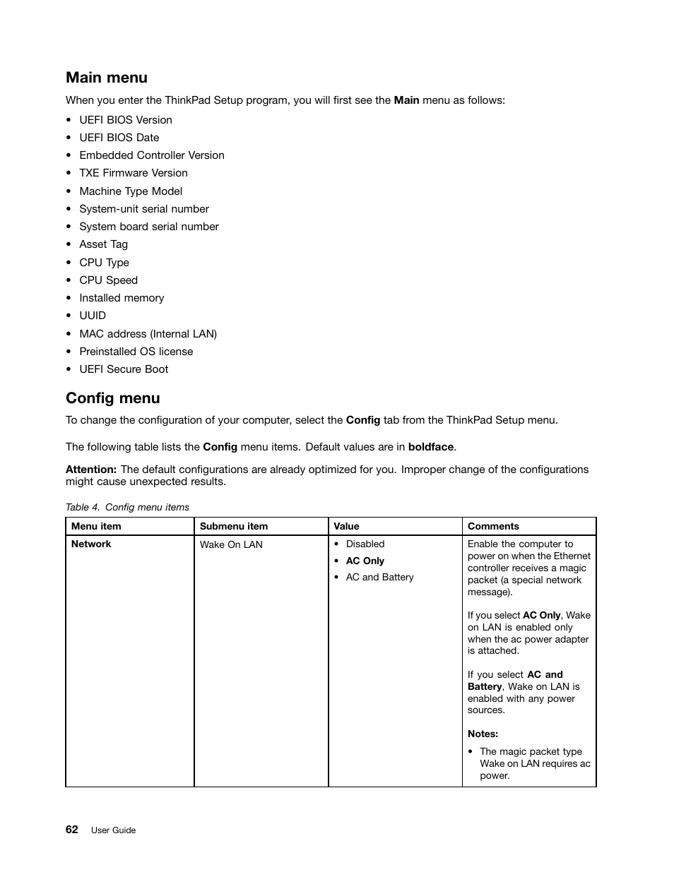 Main menu, Config menu | Lenovo ThinkPad 11e User Manual | Page 78 / 160