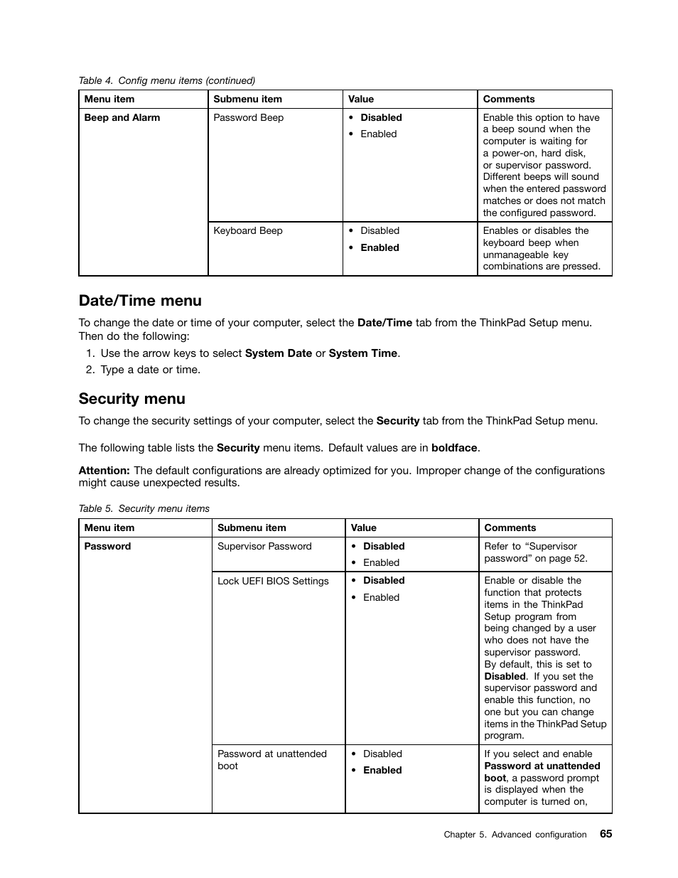 Date/time menu, Security menu | Lenovo ThinkPad 11e User Manual | Page 81 / 160