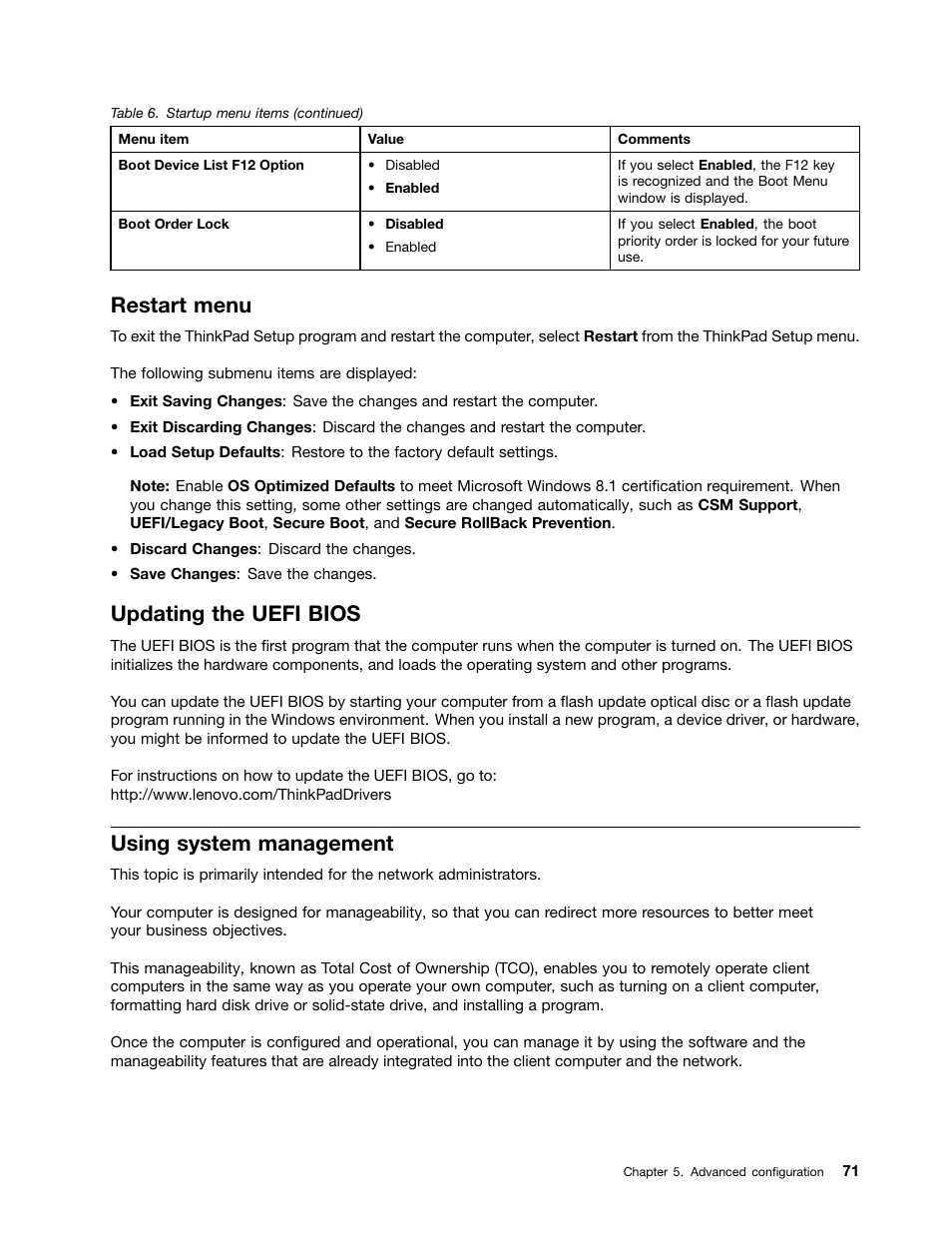 Restart menu, Updating the uefi bios, Using system management | Lenovo ThinkPad 11e User Manual | Page 87 / 160