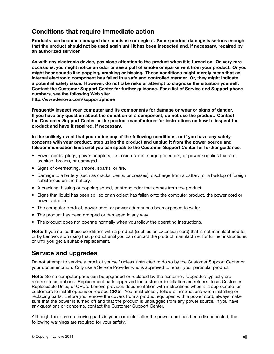 Conditions that require immediate action, Service and upgrades | Lenovo ThinkPad 11e User Manual | Page 9 / 160