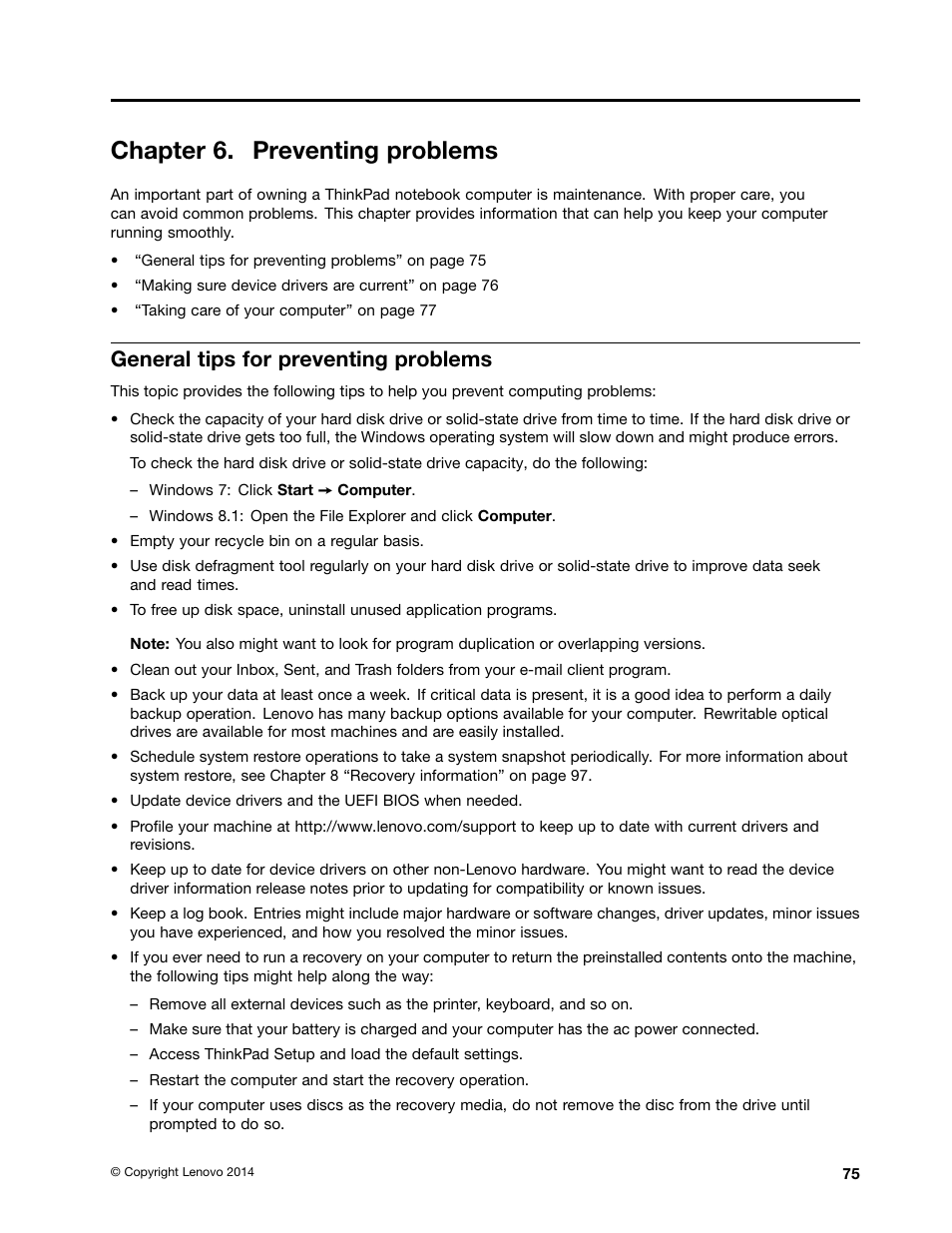 Chapter 6. preventing problems, General tips for preventing problems | Lenovo ThinkPad 11e User Manual | Page 91 / 160