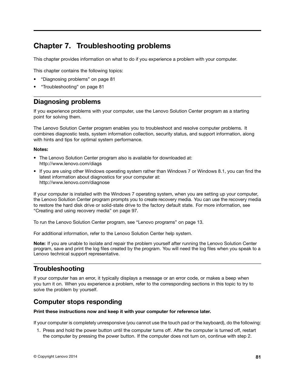 Chapter 7. troubleshooting problems, Diagnosing problems, Troubleshooting | Computer stops responding | Lenovo ThinkPad 11e User Manual | Page 97 / 160