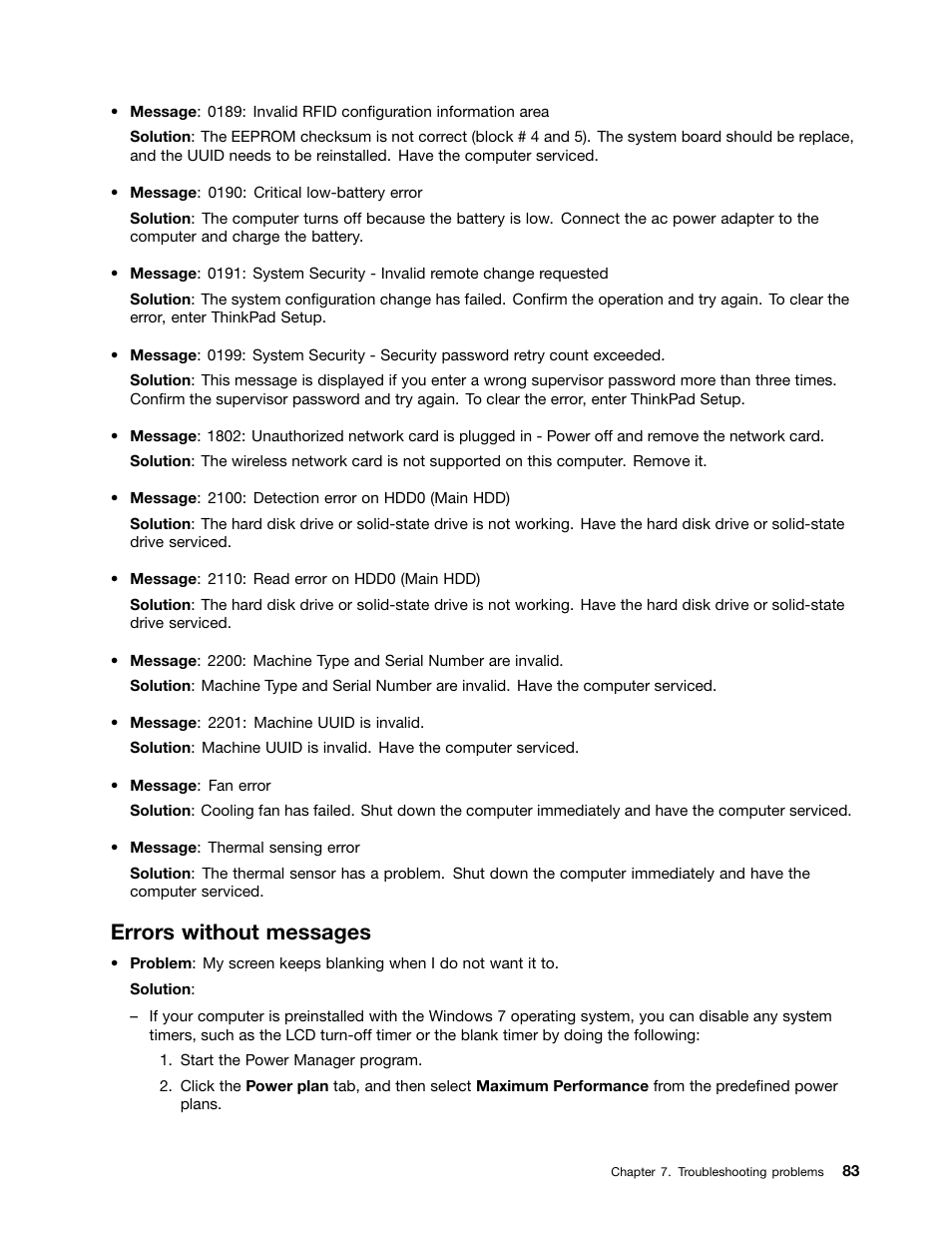 Errors without messages | Lenovo ThinkPad 11e User Manual | Page 99 / 160