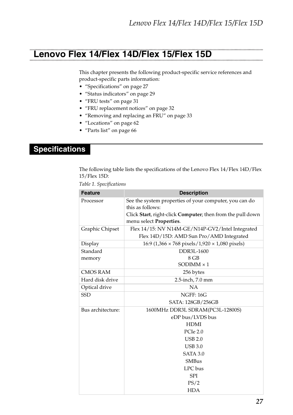 Lenovo flex 14/flex 14d/flex 15/flex 15d, Specifications | Lenovo IdeaPad Flex 14D Notebook User Manual | Page 31 / 90