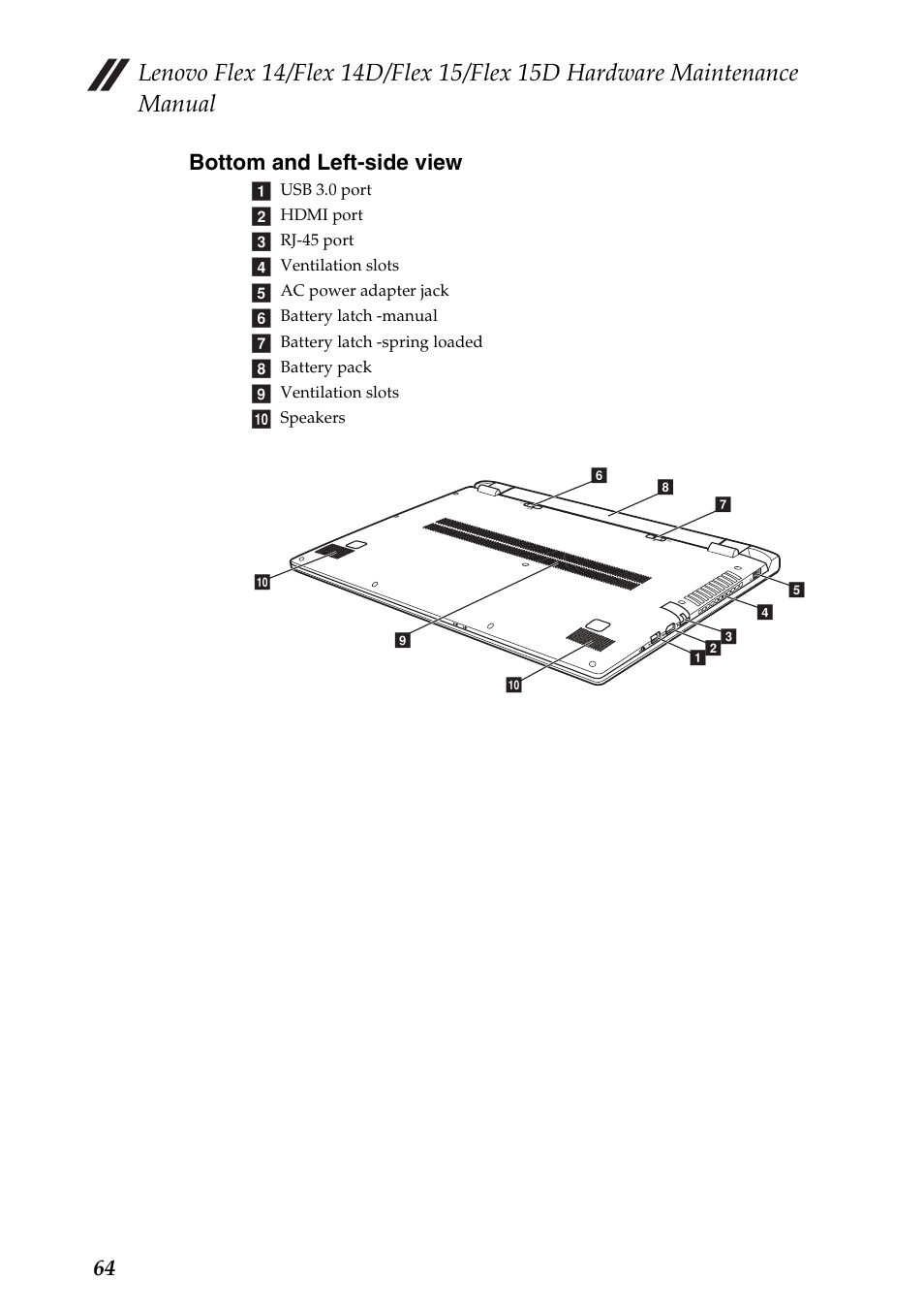 Bottom and left-side view, 64 bottom and left-side view | Lenovo IdeaPad Flex 14D Notebook User Manual | Page 68 / 90