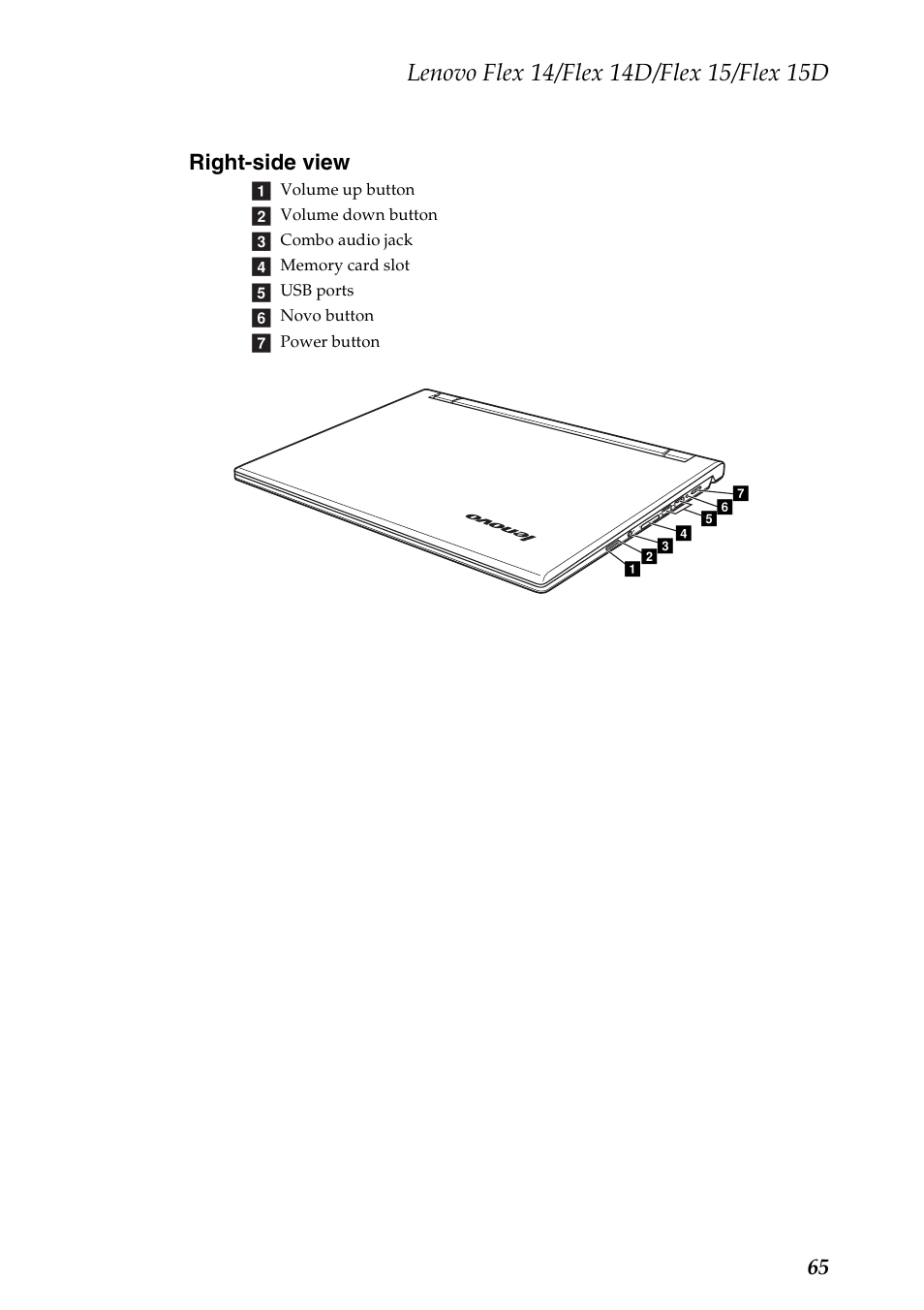 Right-side view, 65 right-side view | Lenovo IdeaPad Flex 14D Notebook User Manual | Page 69 / 90