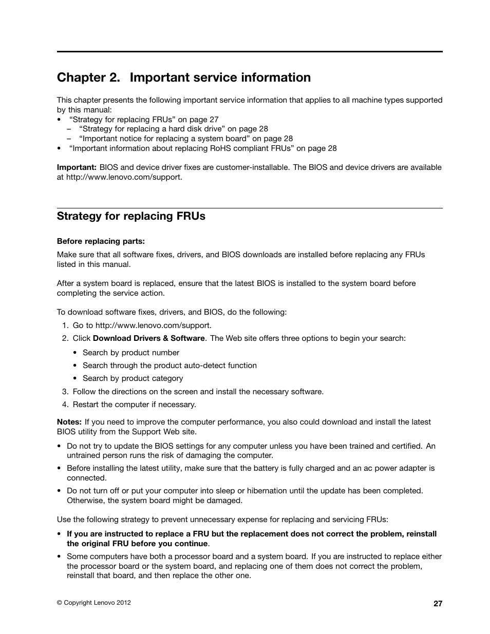 Chapter 2. important service information, Strategy for replacing frus | Lenovo B575e Notebook User Manual | Page 33 / 102